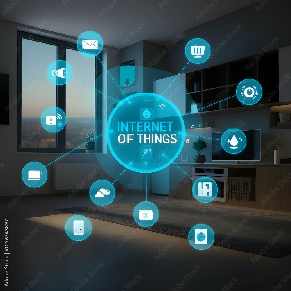 Illustration of IoT-enabled smart home, showing entire room from wide-angle view with connected gadgets and devices Illustration of IoT-enabled smart home, showing entire room from wide-angle view with connected gadgets and devices