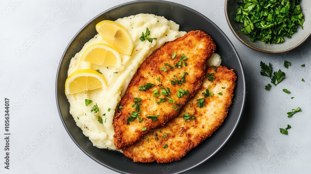 Crispy Pork Schnitzel with Golden Crust and Sides Crispy Pork Schnitzel with Golden Crust and Sides