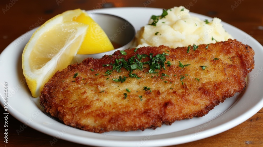 Crispy Pork Schnitzel with Lemon and Mashed Potatoes Crispy Pork Schnitzel with Lemon and Mashed Potatoes