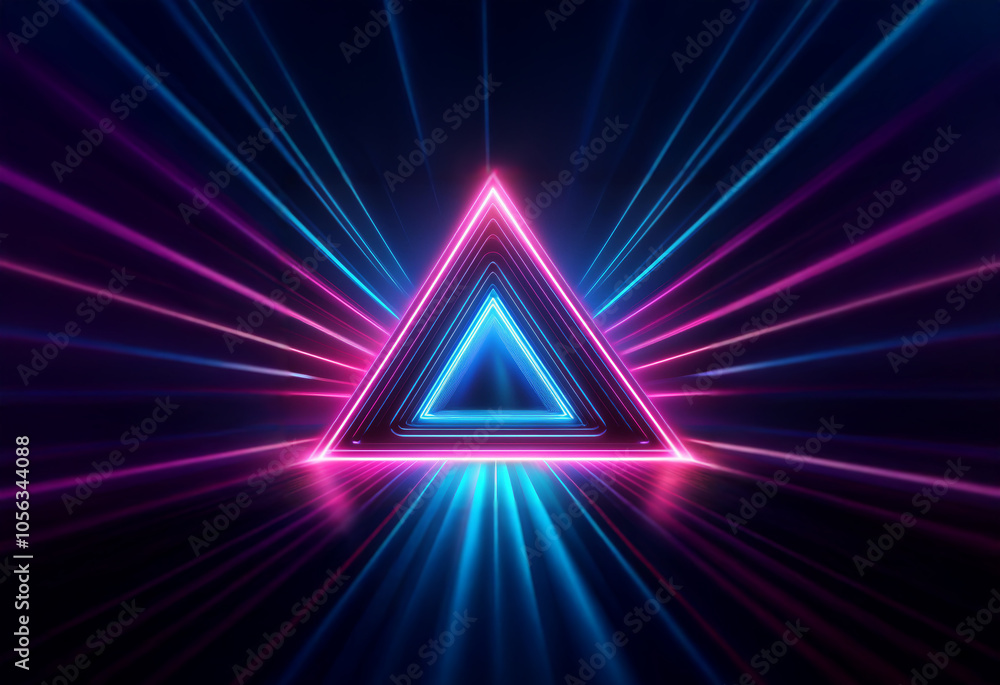 A glowing pink and blue neon triangle with a blue light in its center, surrounded by radiating neon lines on a black background. A glowing pink and blue neon triangle with a blue light in its center, surrounded by radiating neon lines on a black background.