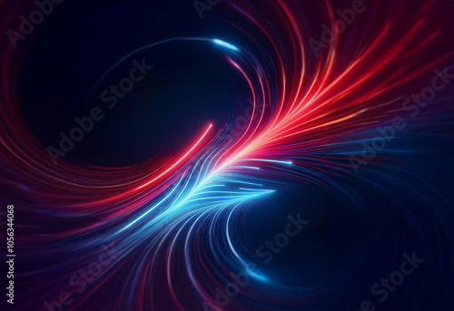 Abstract digital art featuring red and blue glowing lines creating a swirling, energetic pattern on a dark background.