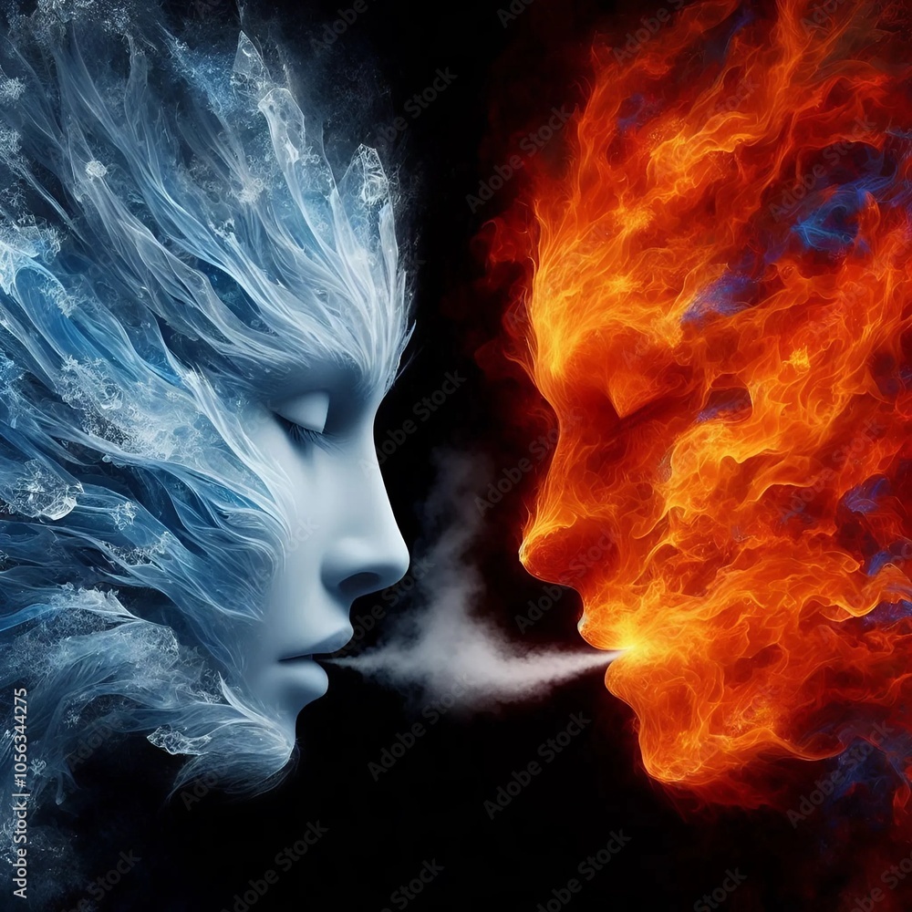 Symbolic Embrace of Elements: Fire and Ice Bound by Duality, United in a Needed Connection Symbolic Embrace of Elements: Fire and Ice Bound by Duality, United in a Needed Connection