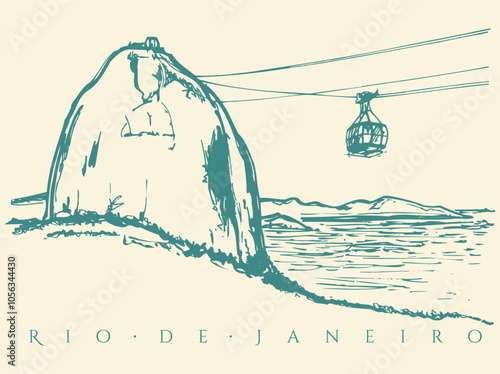 Mountain illustration with cable car in the city of Rio de Janeiro, Brazil. Art in free and uncluttered lines.