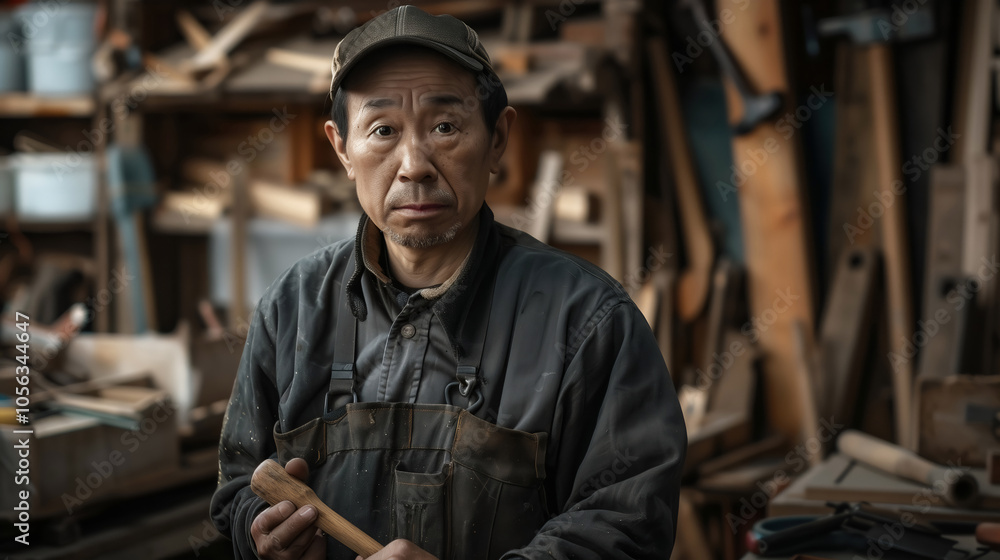 Japanese Craftsman Carpenter Woodworking Workshop Serious Expression Japanese Craftsman Carpenter Woodworking Workshop Serious Expression