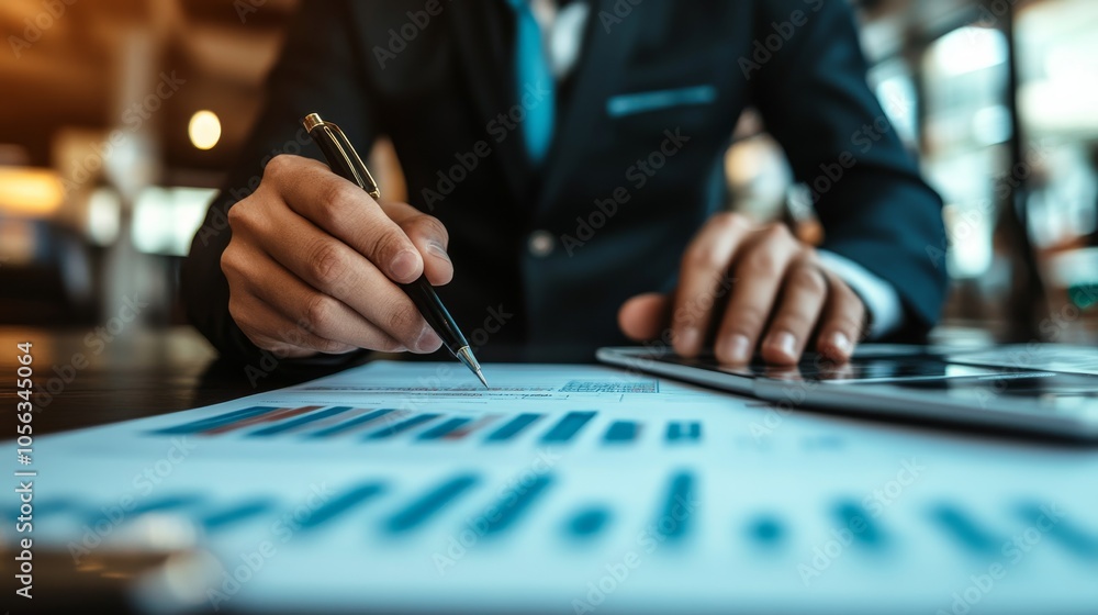 A professional evaluating financial charts and graphs, emphasizing analysis and strategy in a business environment.