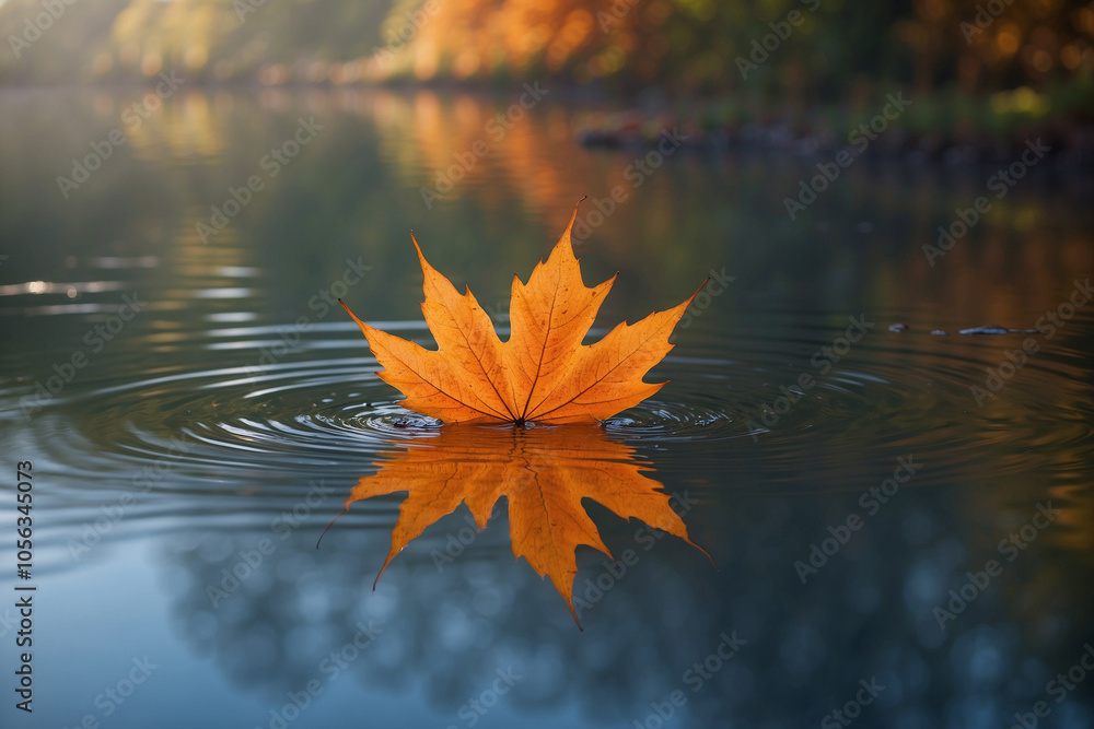 Maple leaf floating on a calm autumn pond, reflections of orange trees and soft, misty autumn light Maple leaf floating on a calm autumn pond, reflections of orange trees and soft, misty autumn light