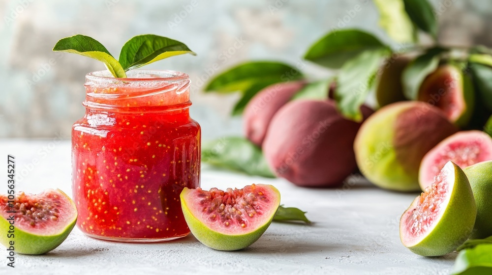 A vibrant guava jam jar placed on a white table, surrounded by fresh guavas, highlighting the deliciousness of homemade preserves A vibrant guava jam jar placed on a white table, surrounded by fresh guavas, highlighting the deliciousness of homemade preserves
