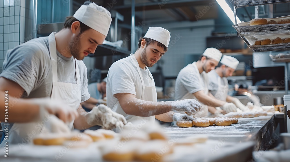handsome bakers working together at baking manufacture. handsome bakers working together at baking manufacture.