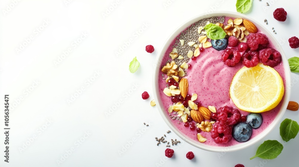 A vibrant lemon and berry smoothie bowl, beautifully garnished with nuts and seeds, presented against a bright white backdrop for a nutritious option A vibrant lemon and berry smoothie bowl, beautifully garnished with nuts and seeds, presented against a bright white backdrop for a nutritious option