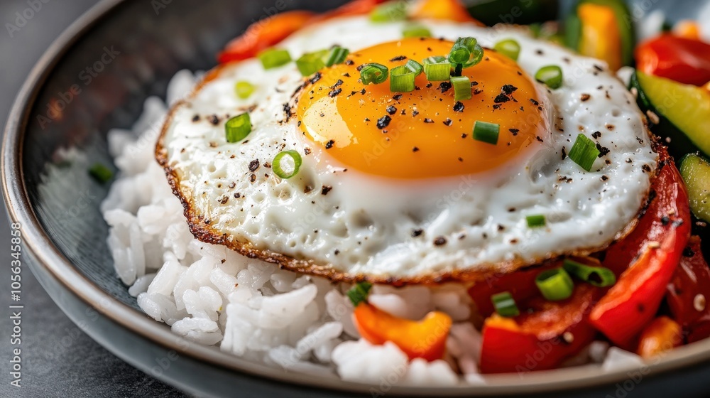 Fried Egg on Rice with Colorful Vegetables Fried Egg on Rice with Colorful Vegetables