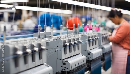 Close-up view of knitting machines in a textile factory showcasing intricate details of the manufacturing process