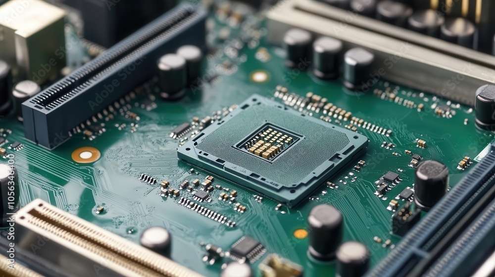 A close-up of a circuit board featuring a central processing unit, showcasing intricate designs and electronic components. A close-up of a circuit board featuring a central processing unit, showcasing intricate designs and electronic components.