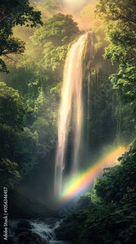 Majestic waterfall creating a rainbow in lush tropical rainforest