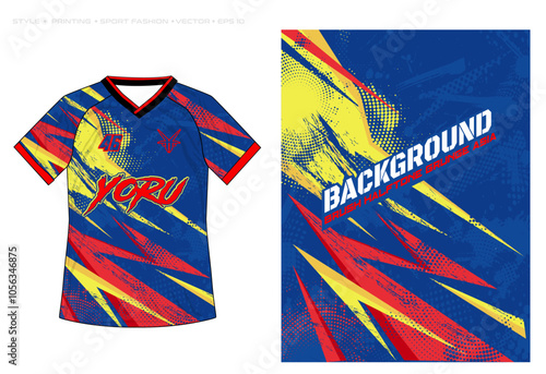 Sublimation jersey t-shirt design template spiky stripes halftone pattern vector background for football futsal soccer fishing rugby cycling event gaming esport motocross sport