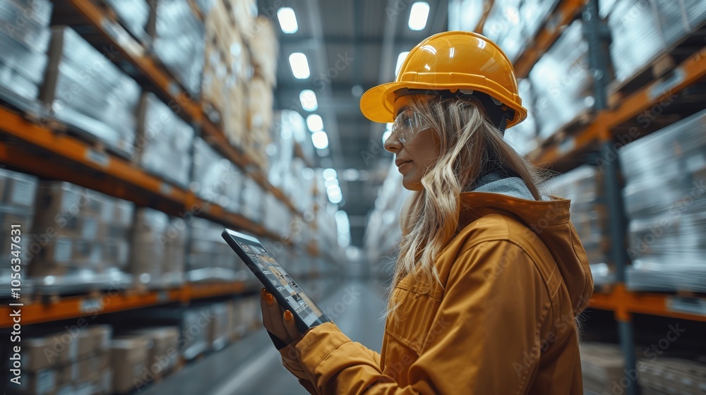 Female Warehouse Worker Using Augmented Reality Tablet for Inventory Management in Distribution Center Female Warehouse Worker Using Augmented Reality Tablet for Inventory Management in Distribution Center