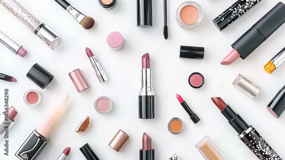 A flat lay of various makeup products on a white background. A flat lay of various makeup products on a white background.