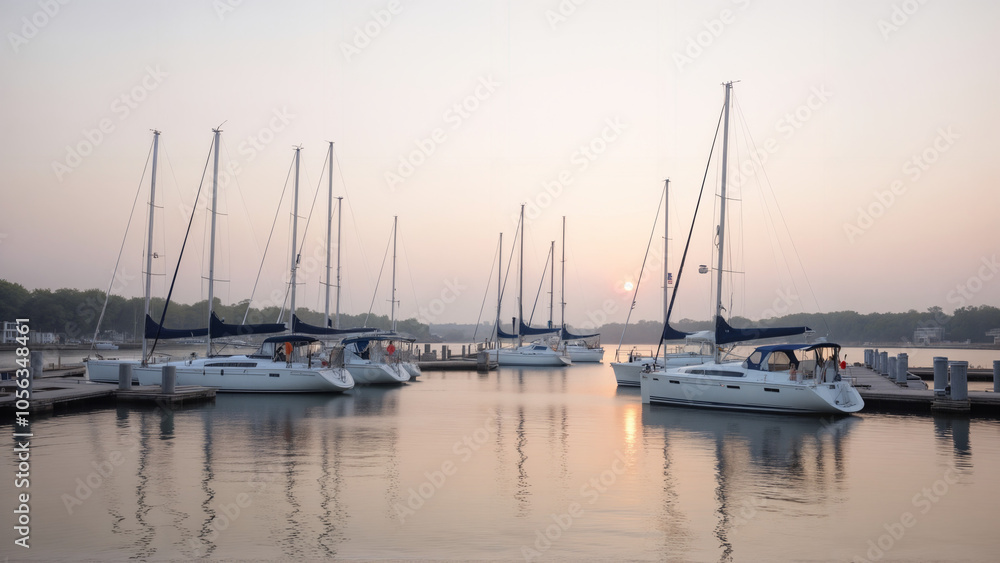 Sailboats Gracefully Docked at Serene Terminals Reflecting Sunset Hues on a Calm Waterfront Sailboats Gracefully Docked at Serene Terminals Reflecting Sunset Hues on a Calm Waterfront