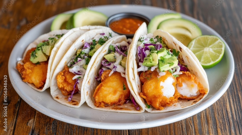 Fried Fish Tacos with Slaw and Avocado Slices Fried Fish Tacos with Slaw and Avocado Slices