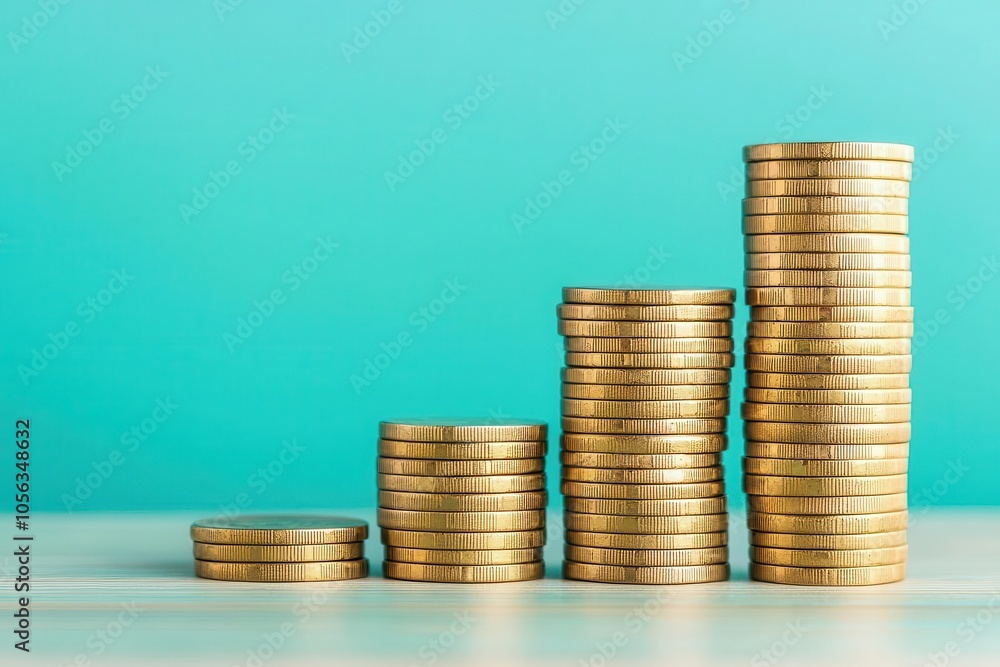 Stacks of coins arranged in ascending order against a teal background, symbolizing growth, investment, and savings. Stacks of coins arranged in ascending order against a teal background, symbolizing growth, investment, and savings.