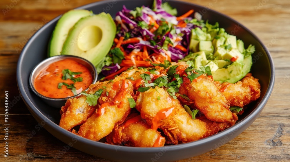 Fototapeta premium Fried Fish Tacos with Slaw and Avocado Slice