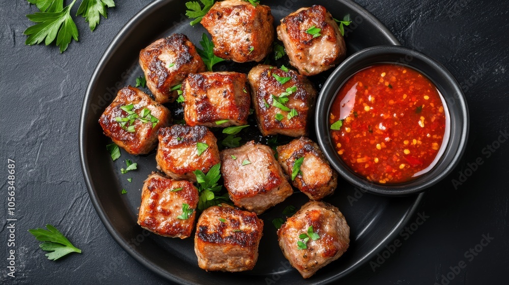 Crispy Fried Pork Bites on Black Plate Crispy Fried Pork Bites on Black Plate