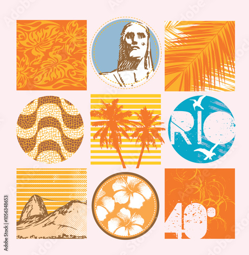 Colorful vector illustration of composition with tourist attractions in the city of Rio de Janeiro, Brazil. Stylized art representing the city in summer.