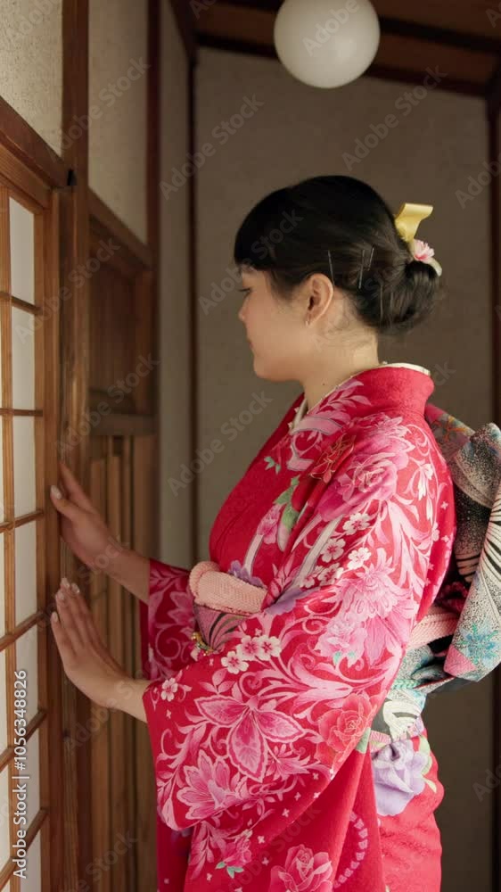 Door, kimono and entrance with Japanese woman in chashitsu room for ceremony, culture and zen. Calm, festival and heritage with asian person in yukata for fashion, temae and indigenous style Door, kimono and entrance with Japanese woman in chashitsu room for ceremony, culture and zen. Calm, festival and heritage with asian person in yukata for fashion, temae and indigenous style