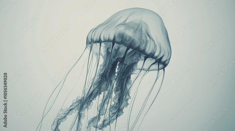 Adorable jellyfish sketch showcasing delicate, wavy tentacles and a soft, endearing face on a white background Adorable jellyfish sketch showcasing delicate, wavy tentacles and a soft, endearing face on a white background