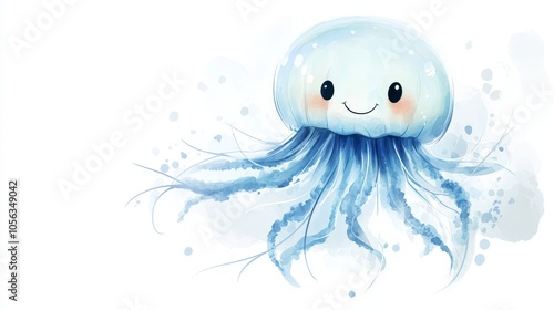 Adorable sketch of a jellyfish invertebrate with delicate, flowing tentacles and a charming smile, set against a crisp white background photo