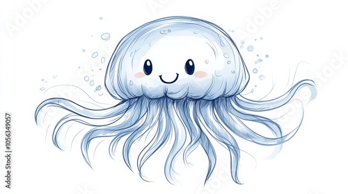 Adorable sketch of a jellyfish invertebrate with delicate, flowing tentacles and a charming smile, set against a crisp white background photo