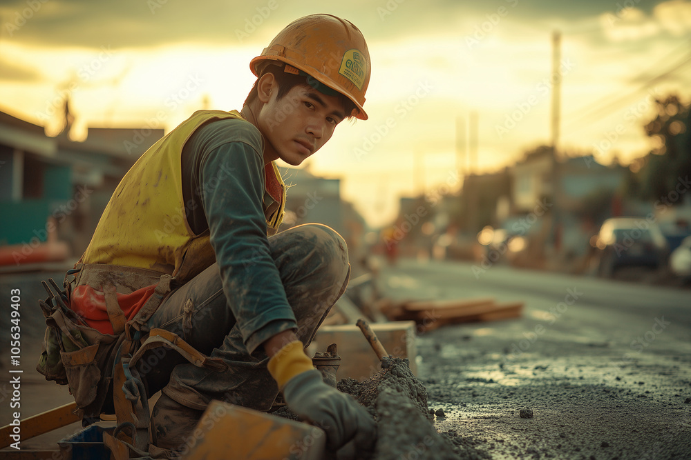 Portrait of construction worker in construction road making, Selective focus asian man wearing hard hat and safety vest in construction site. Portrait of construction worker in construction road making, Selective focus asian man wearing hard hat and safety vest in construction site.