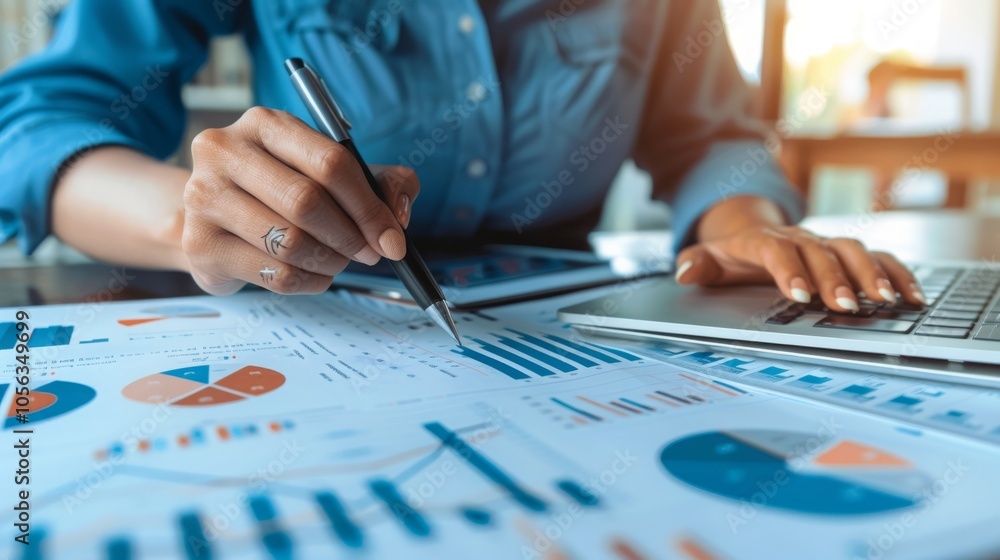 Close-up of a woman's hand pointing at a graph on a sheet of paper, analyzing data while using a laptop. Close-up of a woman's hand pointing at a graph on a sheet of paper, analyzing data while using a laptop.