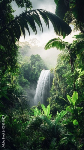 Fototapeta Naklejka Na Ścianę i Meble -  Majestic waterfall cascading through lush tropical rainforest canopy