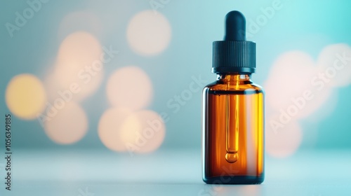 Amber Serum Bottle with Droplets on Colorful Background