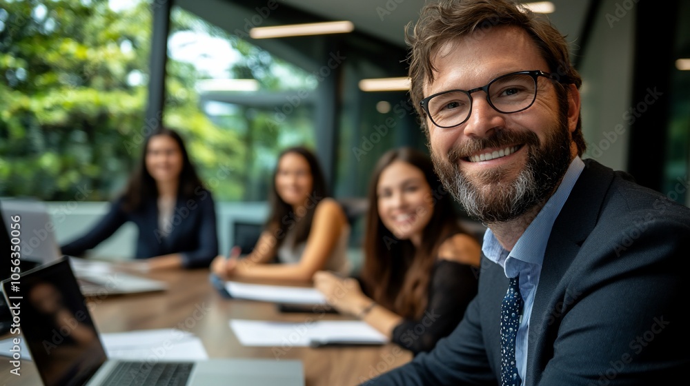 A smiling businessman in a suit leads a team of businesspeople in a meeting. A smiling businessman in a suit leads a team of businesspeople in a meeting.
