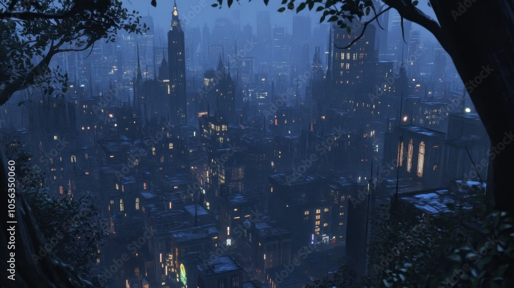 Obraz premium Nighttime Cityscape with Skyline and Urban Lights