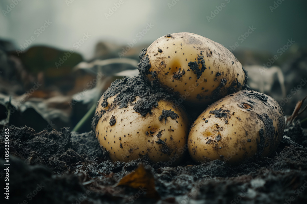 Selective focus fresh harvest potato on dirt, Landscape view of potato farming, Potato produce on dirt in harvest season. Selective focus fresh harvest potato on dirt, Landscape view of potato farming, Potato produce on dirt in harvest season.