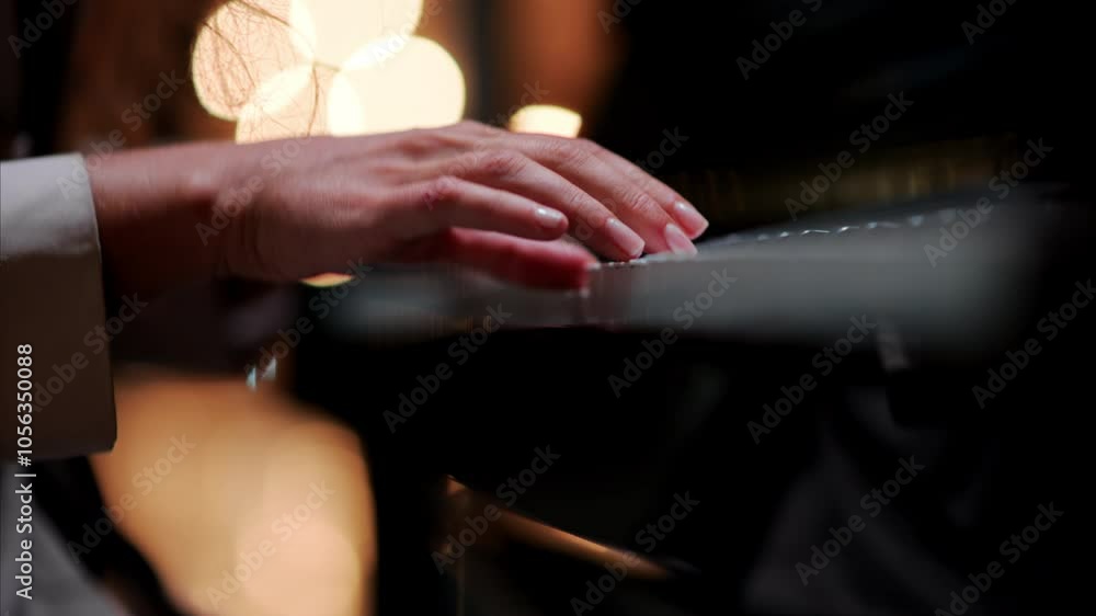Close up of a woman's hands playing the piano with blurry lights on the background Close up of a woman's hands playing the piano with blurry lights on the background