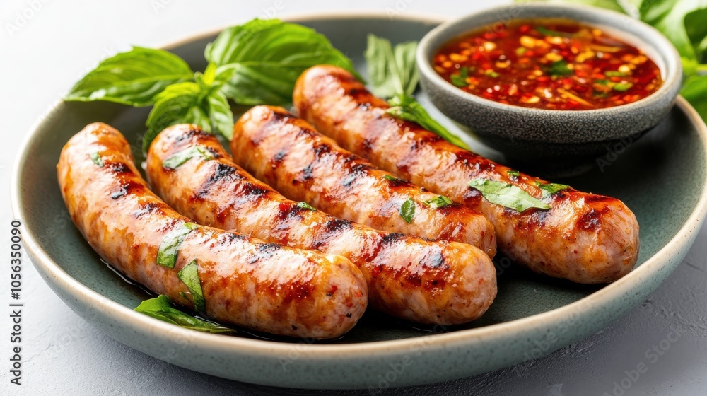 Grilled Pork Sausages with Sauce and Fresh Herbs Grilled Pork Sausages with Sauce and Fresh Herbs