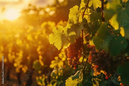 Grapes on a Vine Bathed in Golden Sunset Light