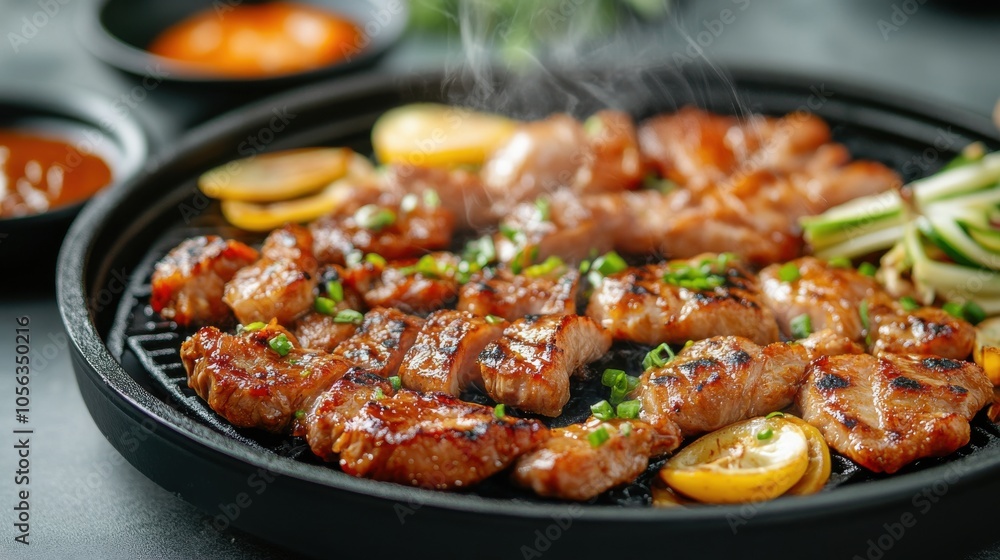 Grilled Pork and Vegetables on Sizzling Plate Grilled Pork and Vegetables on Sizzling Plate