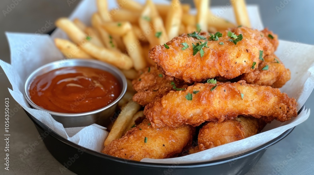 Crispy Fried Chicken Tenders with Fries and Sauce Crispy Fried Chicken Tenders with Fries and Sauce