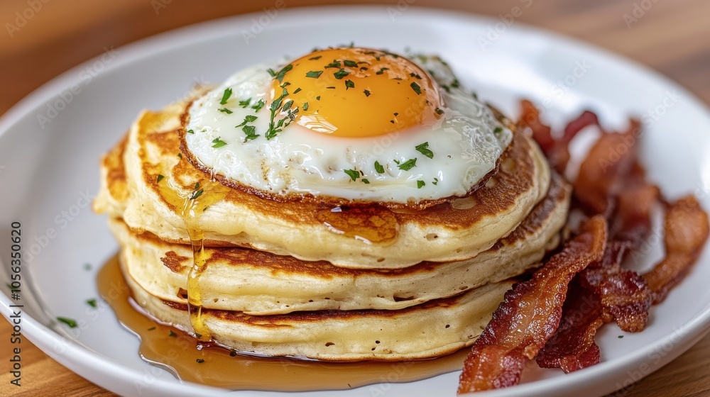 Delicious Stack of Pancakes with Fried Egg and Bacon Delicious Stack of Pancakes with Fried Egg and Bacon
