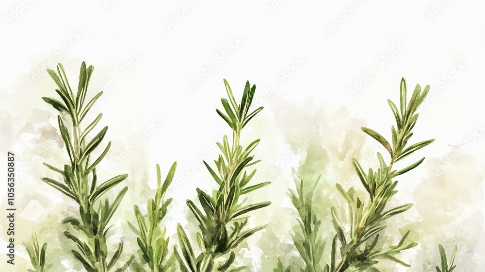 An artistic representation of rosemary in watercolor style, blending soft greens with gentle strokes, creating a serene image on a white background An artistic representation of rosemary in watercolor style, blending soft greens with gentle strokes, creating a serene image on a white background