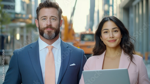 Confident business team with laptops in an urban setting, symbolizing professionalism and teamwork in a corporate environment.