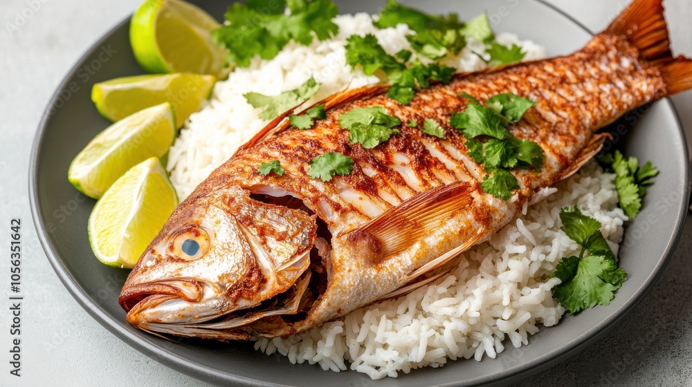 Crispy Whole Fried Fish Served with Lime and Rice