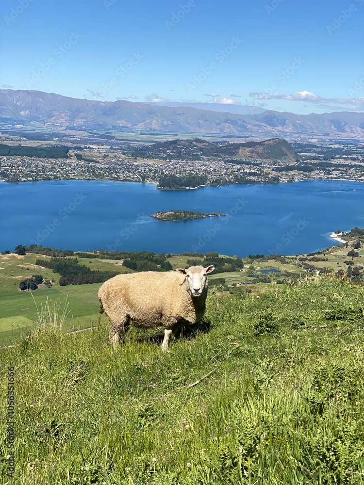 Obraz premium A sheep walking on the Mount Roy, Roys peak in Wanaka, South Island, New Zealand. Sheep on the mountain