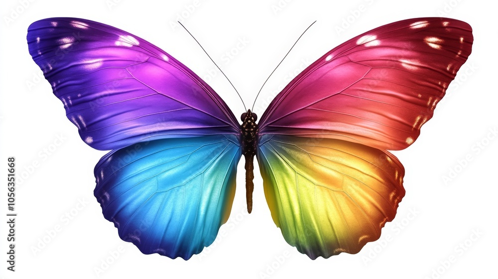 An enchanting rainbow butterfly with a seamless blend of colors from red to violet, fluttering on a pure white background for a striking contrast An enchanting rainbow butterfly with a seamless blend of colors from red to violet, fluttering on a pure white background for a striking contrast