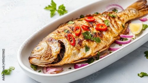 Whole Fried Fish with Fresh Herbs and Vegetables