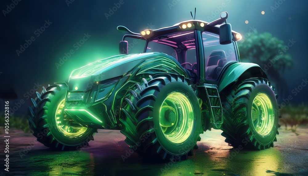 Obraz premium A futuristic, illuminated tractor stands in a moody setting, showcasing vibrant neon colors and a high-tech design.